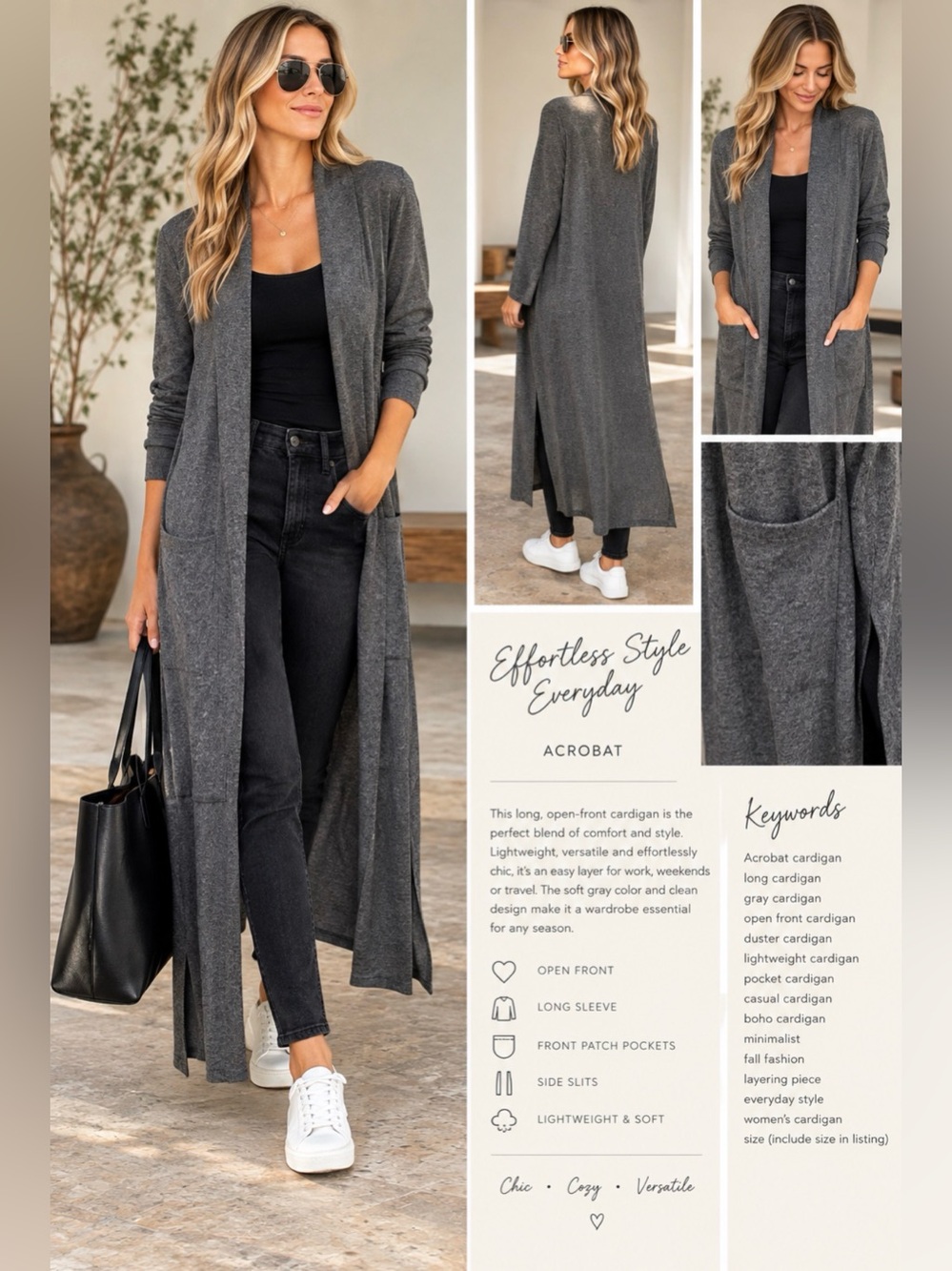 Acrobat Long Open-Front Duster Cardigan - Charcoal Gray